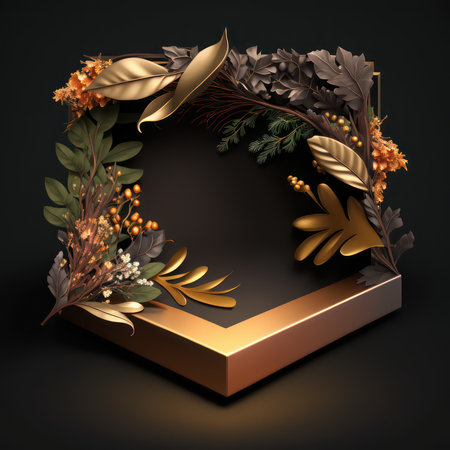 Golden frame with leaves and flowers on black background. 3D illustration.の素材