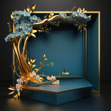 3d render, abstract background, black and blue, flowers, golden frame, empty showcaseの素材
