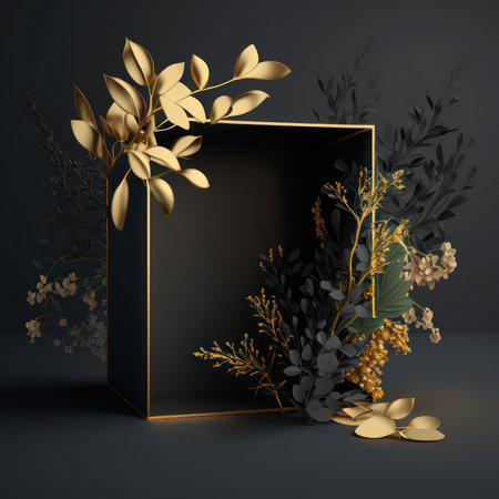 3d render, black box with golden leaves and flowers, black backgroundの素材