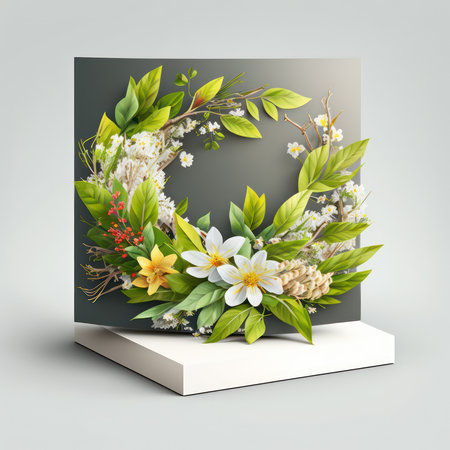 Creative layout made of green leaves and flowers on a gray background.の素材