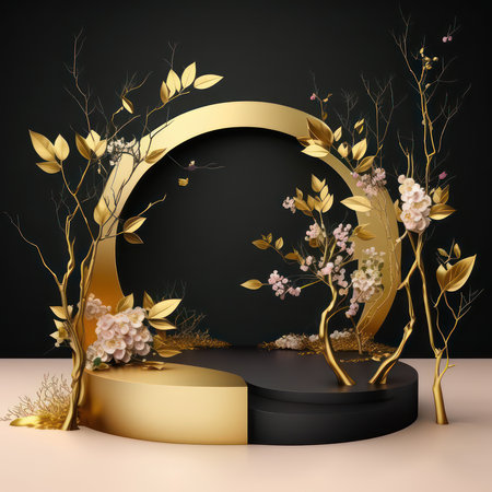 3d render, abstract background, black and gold round podiums, golden branches, flowers, plants, leaves, golden rings.の素材