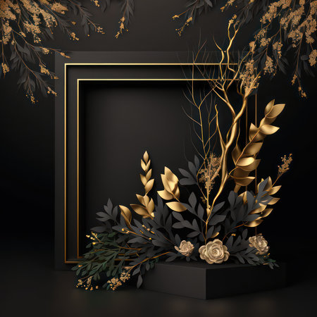3d render, black background with golden leaves, flowers and frameの素材