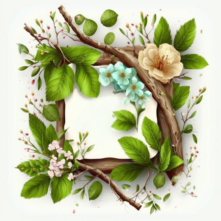 Wooden frame with spring flowers and birds. vector illustration for your designの素材
