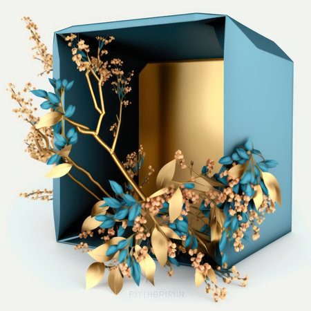 3d illustration of blue box with gold and blue leaves on white backgroundの素材