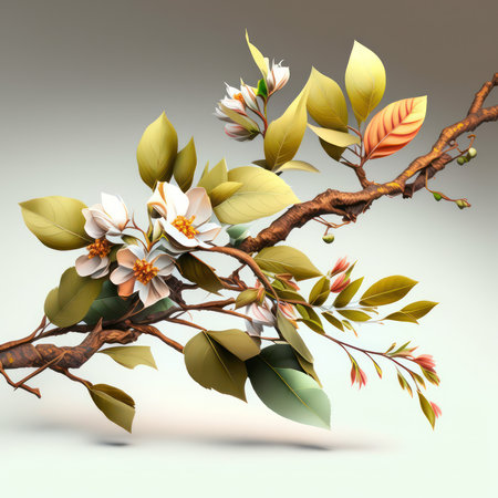 Branch of blossoming tree with white flowers on a gray backgroundの素材