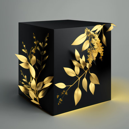 Black box with golden leaves and branches. 3D illustration. Dark background.の素材