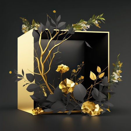 3d render, black box with golden leaves and flowers, black backgroundの素材