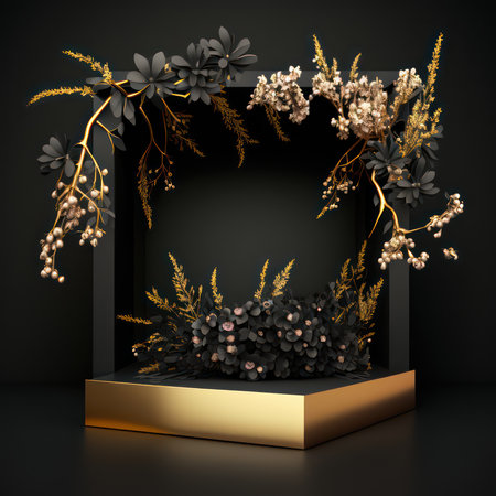 3d render of black background with plants, flowers and golden frameの素材