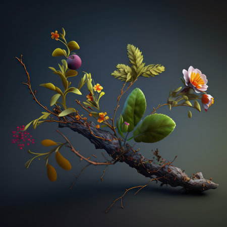 Branch with flowers and leaves on a dark background. Vector illustration.の素材