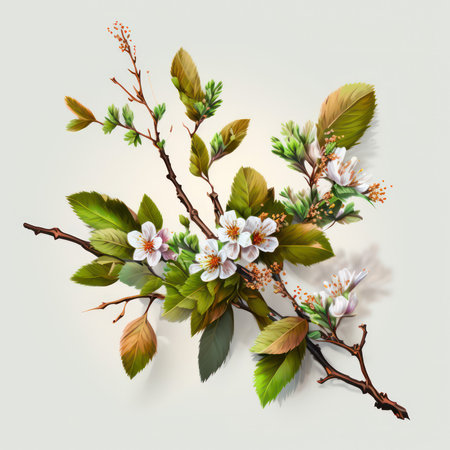 Flowering branch of cherry blossoms with green leaves on white backgroundの素材