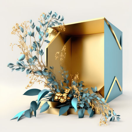 3d illustration of golden box with blue leaves and branches on white backgroundの素材