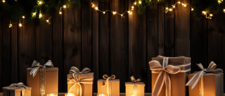 christmas lights and decorations wooden christmas box with red bow light, red, christmas background,の素材