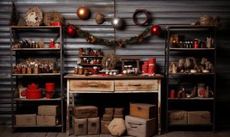 Christmas shelf with lots of old decorations and clocks, a living room with shelves and chairs including an antique chair and trees,の素材