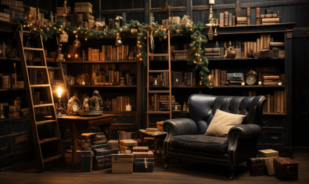 Christmas shelf with lots of old decorations and clocks, a living room with shelves and chairs including an antique chair and trees,の素材