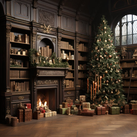 Christmas decorations over fireplace, Christmas fireplace with Christmas tree with giftsの素材