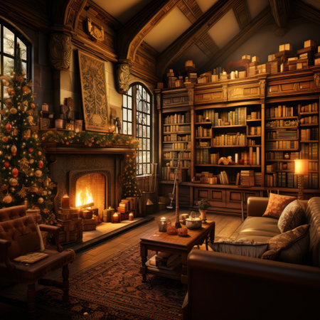 Christmas shelf with lots of old decorations and clocks, a living room with shelves and chairs including an antique chair and trees,の素材