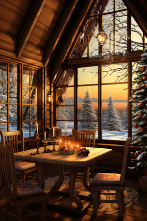 Christmas shelf with lots of old decorations and clocks, a living room with shelves and chairs including an antique chair and trees,の素材