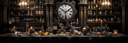 Christmas shelf with lots of old decorations and clocks, a living room with shelves and chairs including an antique chair and trees,の素材