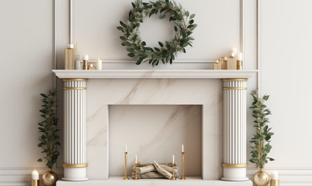 Christmas decorations over fireplace, Christmas fireplace with Christmas tree with giftsの素材