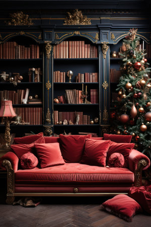 Christmas shelf with lots of old decorations and clocks, a living room with shelves and chairs including an antique chair and trees,の素材