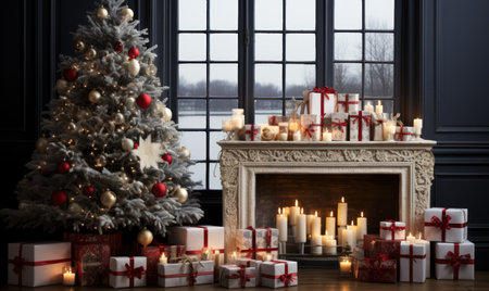 Christmas decorations over fireplace, Christmas fireplace with Christmas tree with giftsの素材