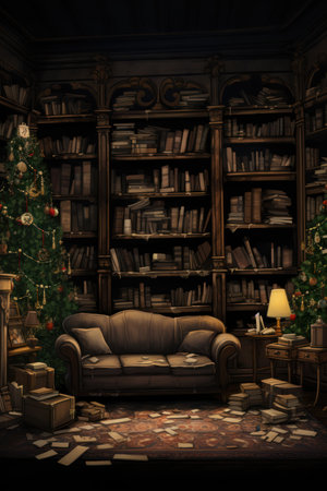 Christmas shelf with lots of old decorations and clocks, a living room with shelves and chairs including an antique chair and trees,の素材