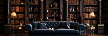 Christmas shelf with lots of old decorations and clocks, a living room with shelves and chairs including an antique chair and trees,の素材