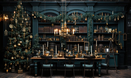 Christmas shelf with lots of old decorations and clocks, a living room with shelves and chairs including an antique chair and trees,の素材