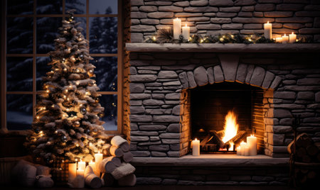 Christmas decorations over fireplace, Christmas fireplace with Christmas tree with giftsの素材
