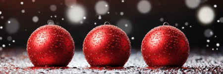 Christmas baubles in the snow, holiday balls hanging, Christmas backgroundの素材