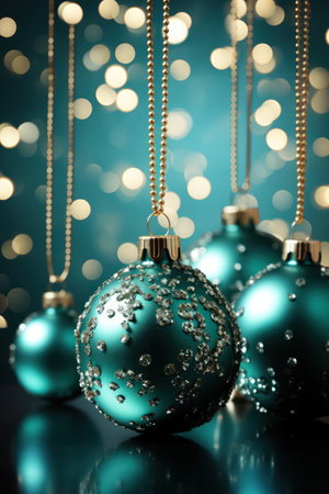 Christmas baubles in the snow, holiday balls hanging, Christmas backgroundの素材