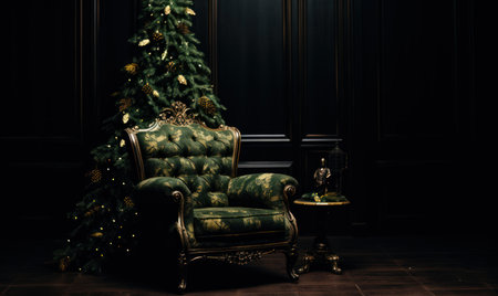 Christmas tree is with gifts, large Christmas tree, lights of Christmas tree in the room Christmas decorationの素材