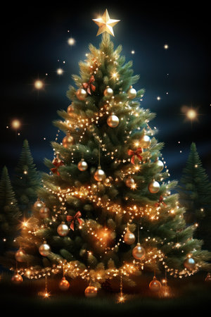 christmas trees, tree light, christmas tree stars, golden lights, christmas backgroundの素材