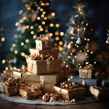 christmas presents, gifts box, christmas box golden bow, christmas backgroundの素材