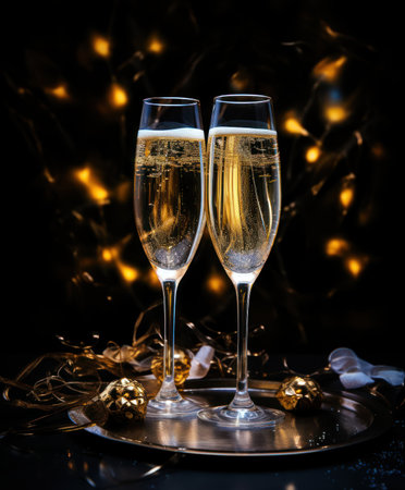 Two glasses of champagne on a dark background with bokeh lightsの素材