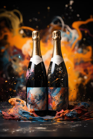 Two bottles of champagne on a black background with colorful splashes.の素材