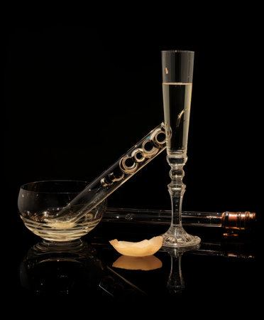glass of champagne and a flute on a black background with reflectionの素材