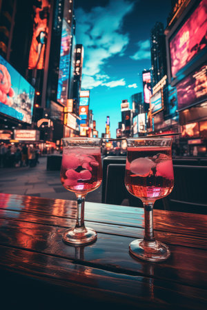 Two glasses of Manhattan cocktail in Times Square, New York City, USAの素材