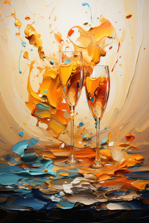 Two glasses of champagne with colorful splashes on colored a background.の素材