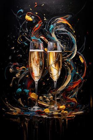Two glasses of champagne on a dark background with colored splashes and dropsの素材
