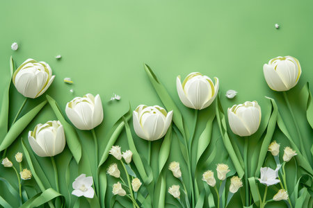White tulips with green leaves on a green background. Flat lay, top view.の素材