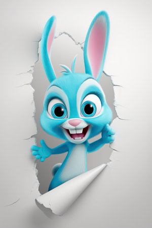 3d illustration of cartoon bunny peeking through hole in white paperの素材