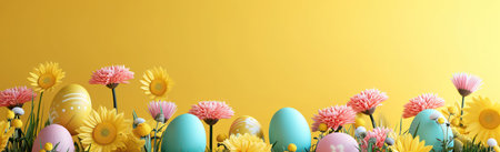 Easter banner with colorful eggs, flowers and grass on yellow backgroundの素材