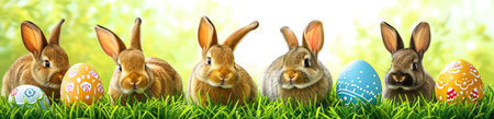 Easter bunnies with colorful eggs in green grass. Festive background.の素材