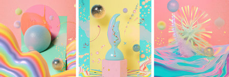 Creative Easter greeting card. Colorful eggs and bunny on pastel background.の素材