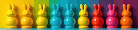 Row of colorful easter bunnies on multicolored backgroundの素材
