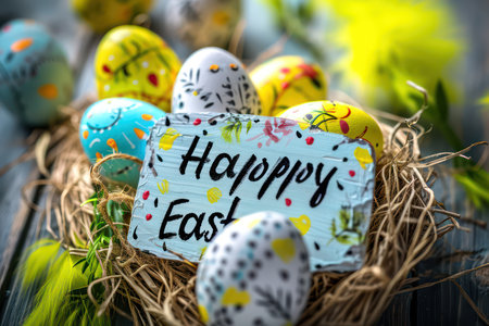 Easter eggs and greeting card with text Happy Easter. Selective focus.の素材