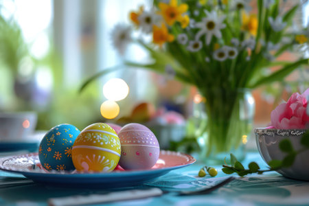 Easter table setting with colorful eggs and flowers. Selective focus.の素材