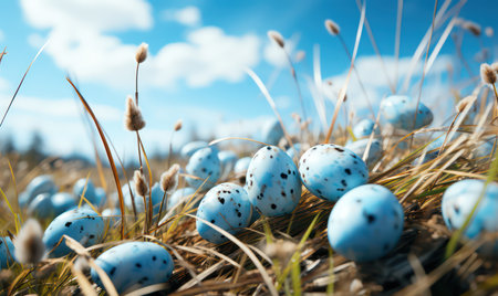 Easter eggs in the grass on a background of blue sky.の素材