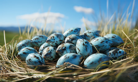 Quail eggs in nest on green grass with blue sky in backgroundの素材